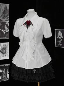 Flirla Áo sơ mi chữ A thoải mái, giản dị, viền bèo nhún bất đối xứng cỡ lớn dành cho nữ mùa xuân/hè, áo đi chơi - trắng - Xem 5