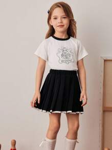 PrepCrw Young Girls Bear Pattern Short Sleeve T-Shirt And Pleated Mini Skirt Set,Academy Style School Summer Uniform,Teen Back-To-School Outfit,Cute - Black and White - View 6