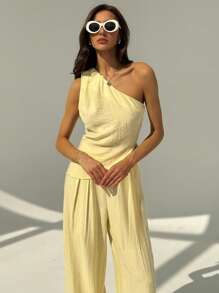 Aloruh Set 2 piese Crop Top și Pantaloni Lungi Fără Mâneci, Elegant, Culoare Solidă, Ținute De Vară De Vară Haine De Vară Ţinute De Plajă Pentru Femeie Ţinute De Vacanţă La Plaja Ţinute De Vacanţă De La Plajă Femeie Haine De Femeie De Vacanţă Tropical Boho