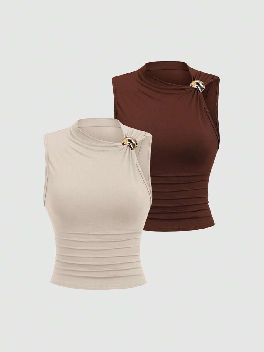 Sweetra 女式褶饰修身夏季上衣 - 彩色 - 查看 1