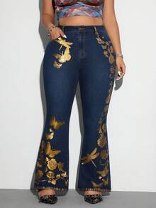 SHEIN ICON Quần Jeans Ống Loe In Hình Bướm Vàng Cỡ Lớn Cho Nữ - Màu xanh lam - Xem 1