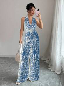 Elenzga Women's Boho Backless Romper, Casual Summer Beach Holiday Outfit, Off Shoulder Easter Ladies Jumpsuit - Blue - View 5