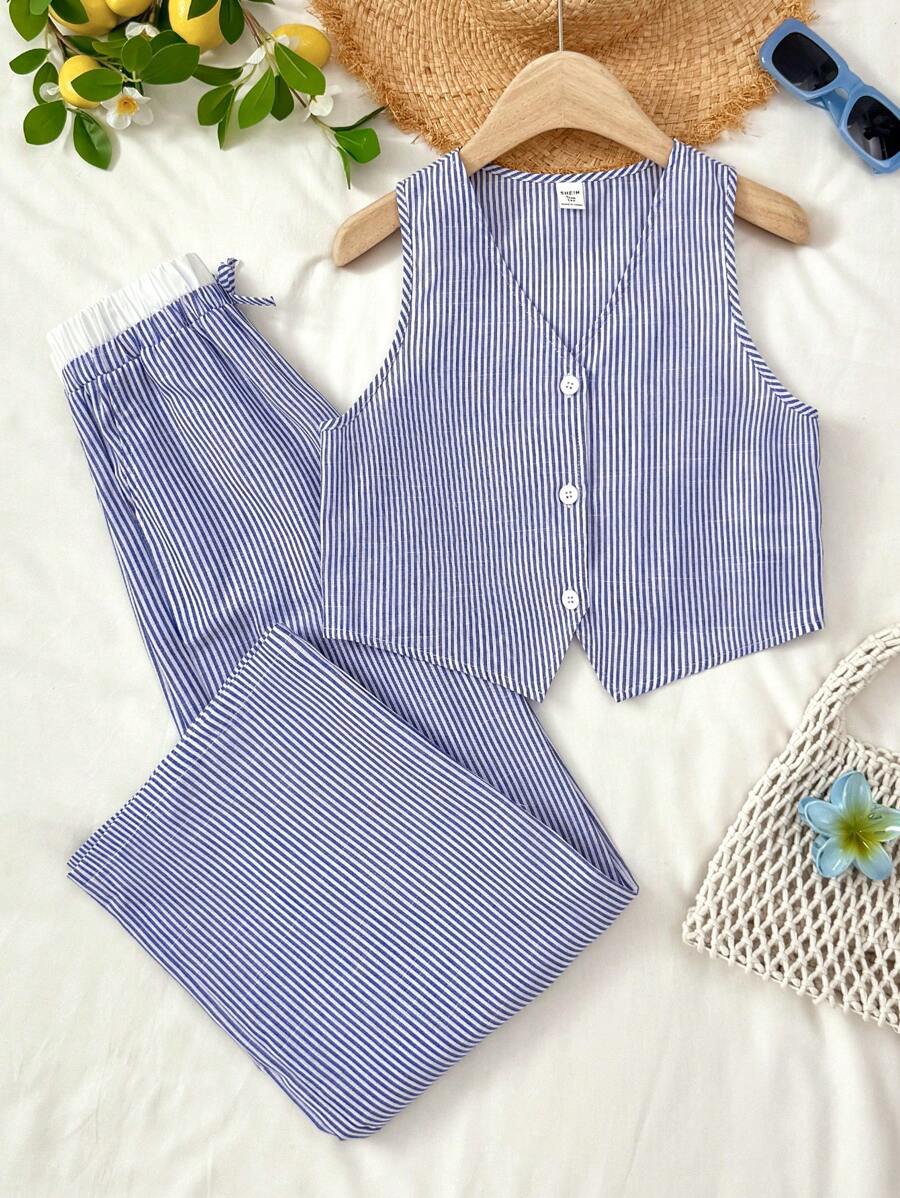 SHEIN Teen Girls Spring/Summer Casual Resort Commute Elegant Striped Contrast Color Sleeveless Vest And Contrast Color Casual Pants Set, Suitable For Holiday, Casual, Beach, Outdoor And Various Occasions