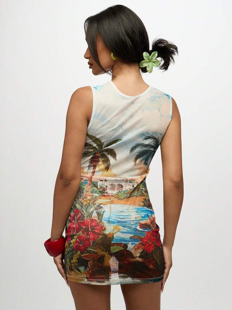 SUMWON WOMEN Vestido mini sin mangas de malla con estampado de palmeras Sunset Vista