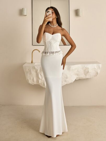 Vowa Elegant White Satin Bandeau Lace Patchwork Ruffled Hem Fish Bone Trim Adjustable Tie Waist Fitted Maxi Fishtail Dress, Suitable For Date, Vacation, Birthday Party, Dance, Graduation, Afternoon Tea, Wedding Events, 2-Piece Set,All White Party Outfit Women