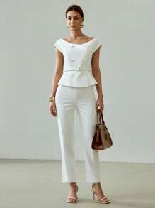 MOTF PREMIUM 双排扣荷叶边轻薄西装外套 - 白色 - 查看 5