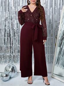 SHEIN Clasi 大码优雅V领束腰网眼拼布长袖连体裤