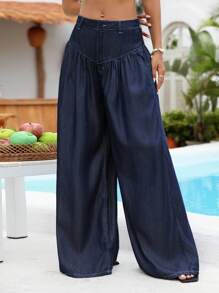 Breezaya Women's Casual Street Loose Flowy Wide Leg Jeans, Low Waist - Blue - View 1