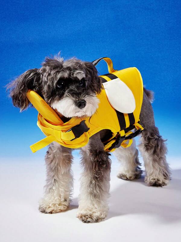 PETSIN Colete salva-vidas para animais de estimação com design de abelha simples amarelo, roupa de banho confortável e de alta flutuabilidade para animais de estimação, com guia e ajustável para primavera/verão