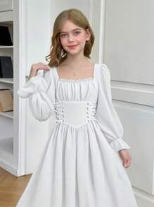 SHEIN Nova Glow Tween Girl Square Neck Flare Sleeve Lace Up Waist Shirred Bust Vintage White Midi Dress For Christmas - White - View 6