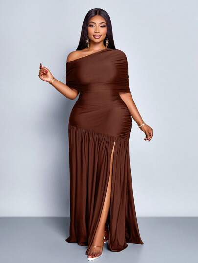 SOLERSUN Spring And Summer Plus Size Women's Sexy Party Casual Vacation Brown Shiny Fabric One Shoulder Gathered Off-Shoulder Collar Front Slit Ruffle Knitted Long Skirt