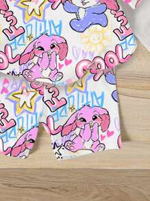 SHEIN Baby Girls Cartoon Scribble Long Ear Rabbit Print Round Neck Short Sleeve T-Shirt And Knitted Tight Shorts Set - Multicolor - View 5