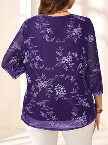 EMERY ROSE Áo cánh tay 3/4 họa tiết hoa cỡ lớn dành cho nữ, mùa hè, ngày lễ, kỳ nghỉ, đơn giản và thời trang để mặc hàng ngày, cảm giác nghỉ lễ, kỳ nghỉ xuân, trang phục thường ngày, bohemia - Màu tím - Xem 2