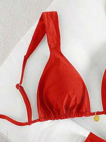 Swim Vcay Áo ngực hở lưng bằng vải không gọng màu ngọc trai lấp lánh dự tiệc có viền kim loại, bộ bikini ngày lễ đơn giản và thanh lịch dành cho nữ - Đỏ - Xem 3