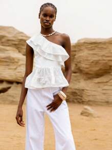 Lumivelle GuavaGirl SummerHoliday Homecoming Dress Women's All White One Shoulder Top Casual Asymmetrical Neck Woven Blouse With Ruffle Hem Detail And Regular Fit RomanticTops