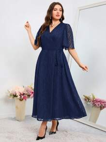 Modelyn Vestido Envelope com Recorte Colorido Sólido Tamanho Plus Size, Vestidos de Festa Longos - Azul Marinho - Visão 7