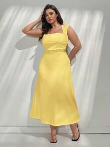 Firerie Plus Size Women Valentine's Day Solid Color Ruffle Trim Side Slit Dress Back To School Cream Yellow Vest Dress Fall Women Clothes - Yellow - View 2