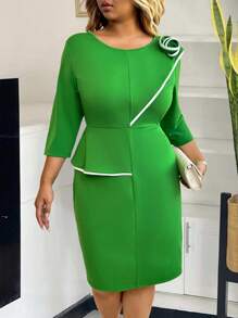 SHEIN Clasi Plus Size Women Elegant Mature Solid Color Bodycon Patchwork Hem Dress - Green - View 1