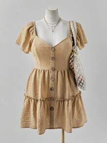 Sunspun Plus Size Square Neck Faux Linen Ruffle Hem Dress Boho - Yellow - View 4