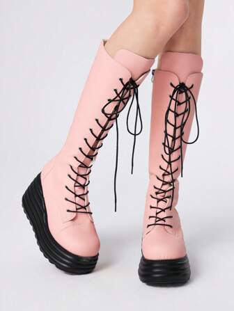 Pink Knee-High Boots, Lace-Up Design, Punk Style Round Toe Wedge Platform Boots