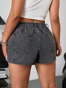 Quần short denim thường ngày họa tiết ngôi sao năm cánh có túi hộp cỡ lớn dành cho nữ - Xám - Xem 2