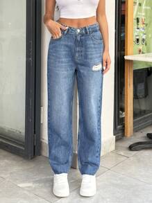 EURMUSE Quần Jeans Mom Jeans Lưng Giữa Thường Ngày Túi Xiên Giặt Tuyết - Rửa trung bình - Xem 6