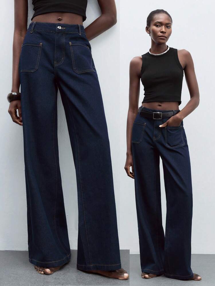 SHEIN Maija Damskie niebieskie dżinsy Francuskie eleganckie dżinsy Retro podwójne kieszenie Proste wąskie spodnie Stare pieniądze styl biuro odzież