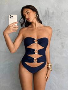 Aloruh Elegante e sexy costume da bagno monopezzocon colore unito, senza spalline, con decorazioni in metallo e spalline rimovibili, perfetto per la spiaggia e per l'abbigliamento primaverile/estivo.