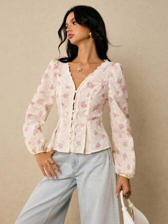 Poéselle 优雅花卉刺绣梭织长袖衬衫