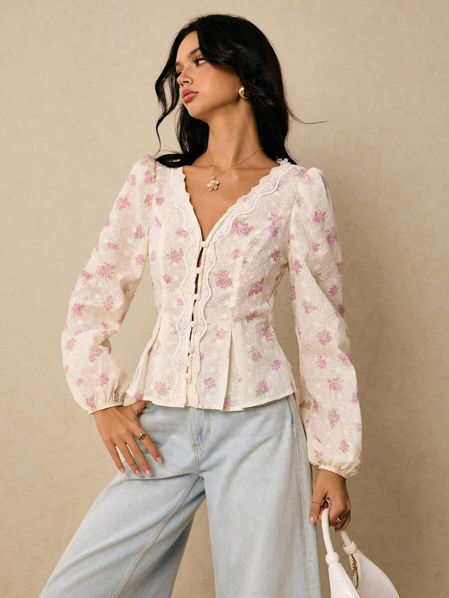 Poéselle Women's Shirts Embroidered Shirts Button Placket Long Sleeve Shirts Boho Cute Shirts Women's Tops Elegant Floral Embroidered Woven Long Sleeve Blouse Floral Blouse Boho Blouse Lantern Sleeve Blouse Puff Sleeve Blouse Old Money Back To School Tea Party Tops Women Streetwear Women Summmer Pink Floral