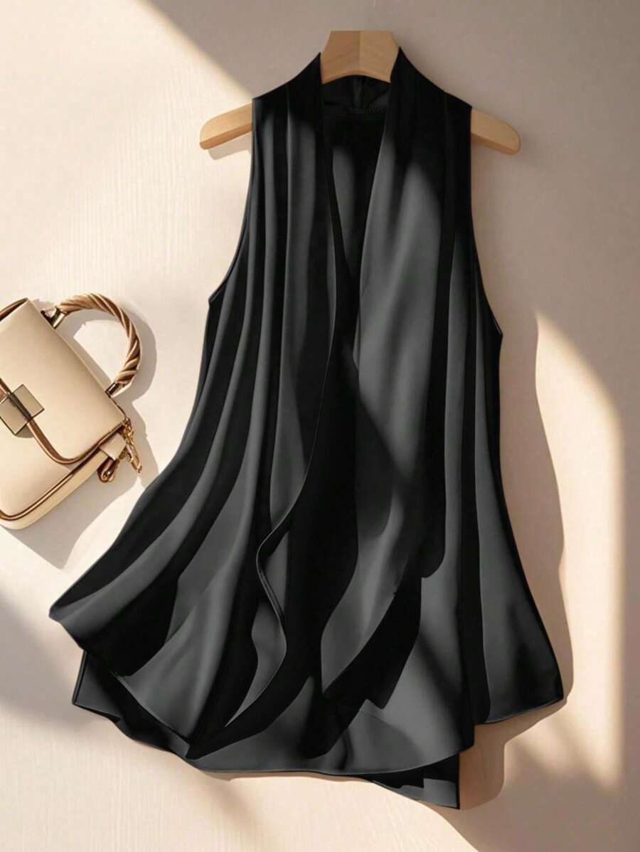 Franclia Sleeveless Asymmetric Hem Front Open Lightweight Vest - Black - View 1