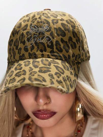 Grunge Punk 1pc Women's Leopard Print Rhinestone Bow Baseball Cap