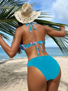 Swim Lushoire Bộ bikini hở lưng hở lưng họa tiết nhiệt đới cho kỳ nghỉ hè trên bãi biển dành cho nữ - Màu xanh lam - Xem 2
