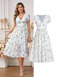 Ellevyn Vestido elegante con cintura fruncida y estampado floral
