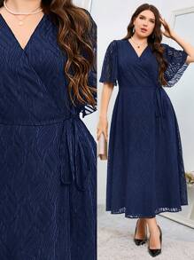 Modelyn Vestido Envelope com Recorte Colorido Sólido Tamanho Plus Size, Vestidos de Festa Longos - Azul Marinho - Visão 1