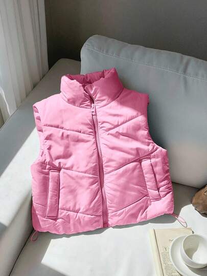 Comfortcana Women's Light Pink Zip-Up Double-Sided Button Corduroy Drawstring Cropped Vest Jacket In Fall/Winter Puffer Vest Pink Vest Puffer Gilet Pink Gilet