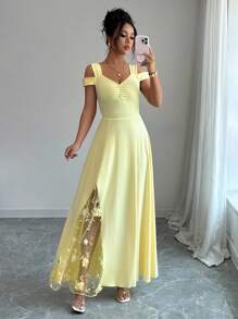 Elenzga Vestido elegante y romántico de mujer con aplicaciones de malla en la cintura - Amarillo - Ver 5