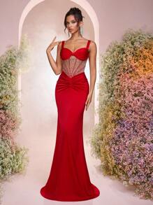 Glamrae Elegant Satin Strapless Twist Rhinestone Semi-Sheer Ruched Fishtail Evening Gown, Mesh Dress, Dress - Red - View 1