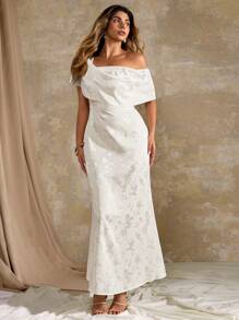 Flirla Đầm maxi đuôi cá trang trọng dáng dài họa tiết satin dệt jacquard bất đối xứng vai bèo nhún viền eo ôm sát - Màu be - Xem 4