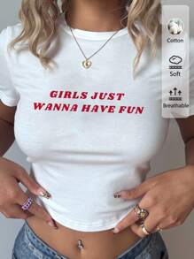 SHEIN EZwear Áo thun bó sát cổ tròn tay ngắn in khẩu hiệu "Girls Just Wanna Have Fun" thiết kế đơn giản & giản dị, phù hợp cho lễ hội âm nhạc, kỳ nghỉ xuân - trắng - Xem 12
