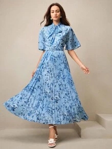 Anewsta 高品质新款时尚蓝色碎花蝴蝶领短袖松紧腰女式摆裙 - 藍色 - 查看 5