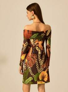 CAJUNI Mono corto con hombros descubiertos, manga larga, plisado y estampado de palmeras para mujer, ideal para vacaciones - Multicolor - Ver 2