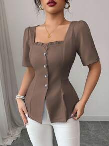 Lyxana Áo cánh chữ A tay ngắn thanh lịch, trang trọng, cổ vuông, viền bèo nhún, màu trơn dành cho nữ mặc đi nghỉ và đi làm - màu nâu - Xem 7