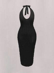 Vestido de escote profundo en V transparente, con cuello de halter y espalda descubierta, talla grande - Negro - Ver 4