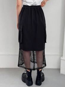 FRIFUL Falda Patchwork De Línea A Con Bolsillos De Solapa Y Red De Pesca - Gris - Ver 4