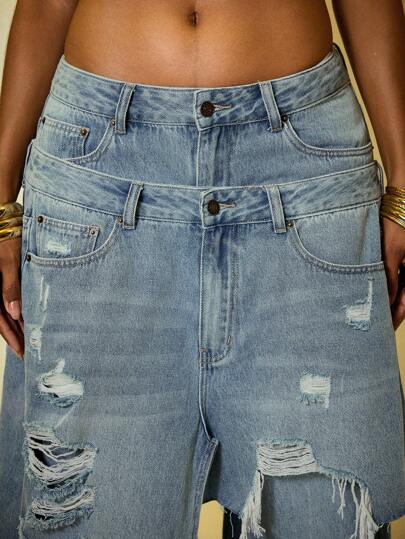Street Life Vintage Distressed Washed Sagging Baggy Jeans With Faux 2-In-1 Design, Street Style