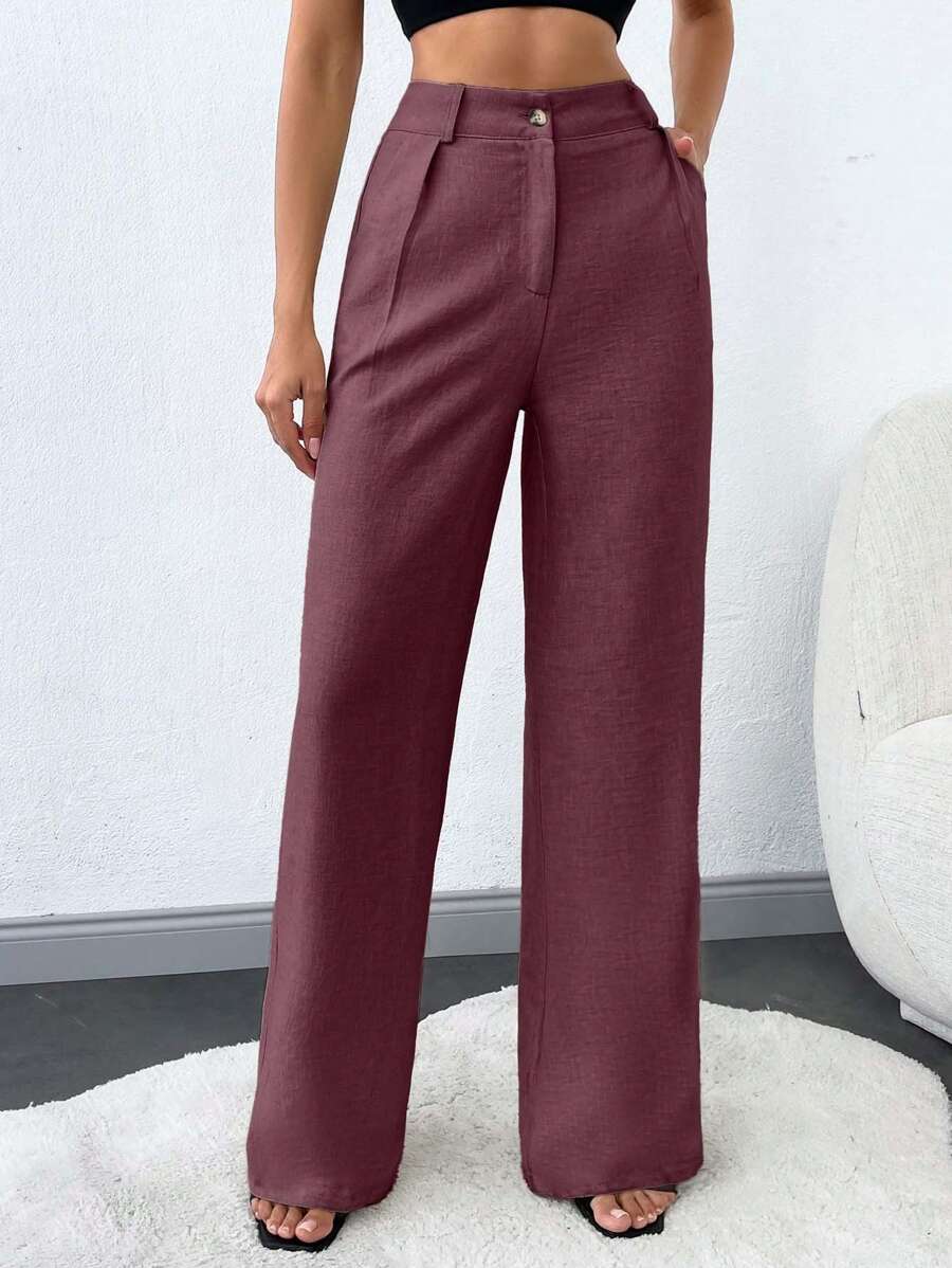 SHEIN Tall 100%纯棉高腰女士纯色斜口袋直筒裤 - 紫羅蘭色 - 查看 1