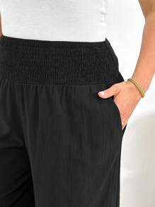 SHEIN Essnce 大码女装春夏时尚休闲宽松舒适凉爽透气日常黑色亚麻短裤阔腿裤，女式下装，简约风格，宽松裤，亚麻裤女，度假装 - 黑色 - 查看 5