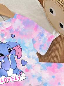 SHEIN 女婴卡通兔子印花扎染圆领短袖T恤和针织打底短裤套装，夏季扎染女婴亲子装 - 彩色 - 查看 7