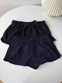 SHEIN EZwear 2 Stücke Frauen Shorts Set mit Tunnelzug und elastischem Bund, schwarz und navy blau, geeignet für den Sommer - Verschiedenfarbig - Übersicht 1